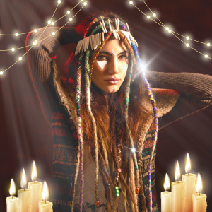 girl with tribal spirit decorated dreadlock and headdress
